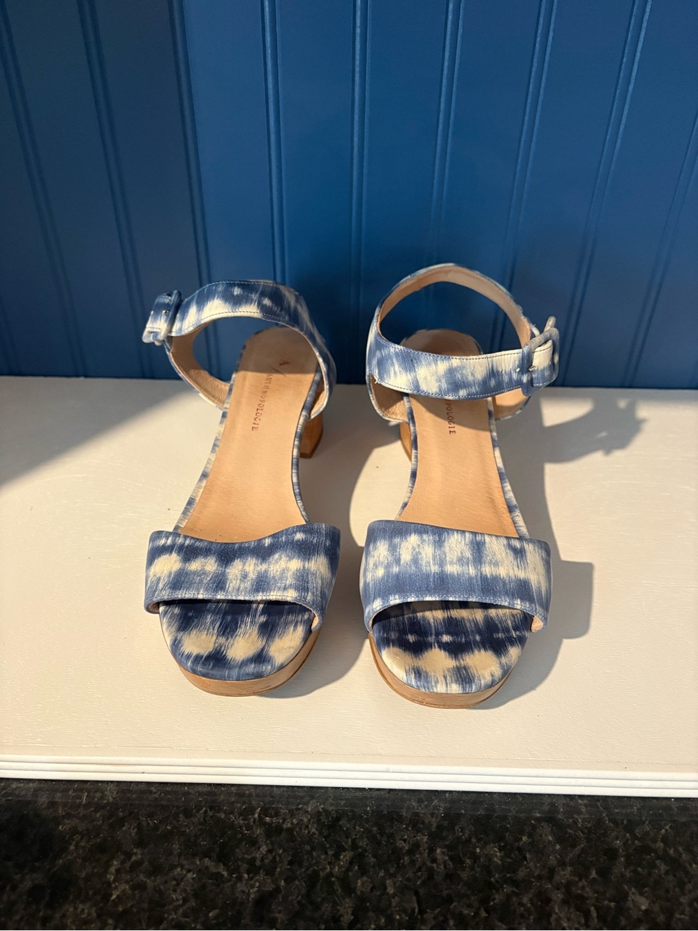 Anthropologie Blue Tie-Dye Ankle-Strap Sandals